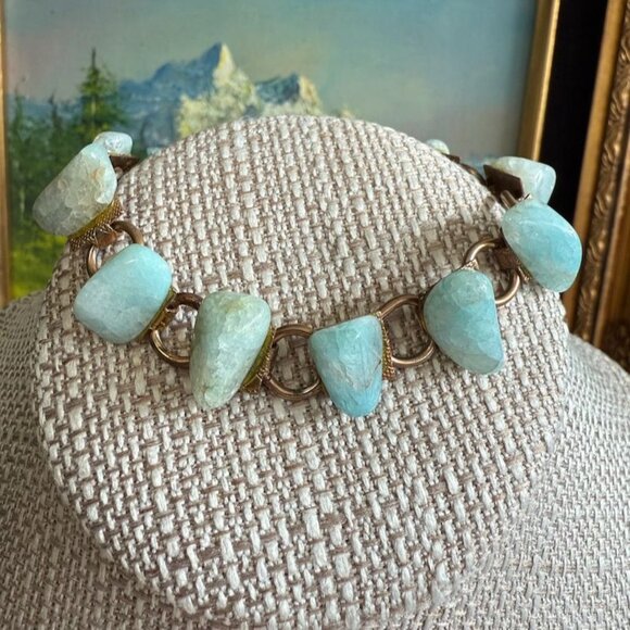 Vintage Larimar Stone Bracelet With Gold Plated Chain & Clasp 7" Length - Picture 1 of 10